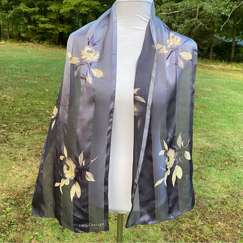 LAURA ASHLEY SCARF SLATE BLUE CREAM SILVER SHIMMER FLORAL SILK LONG RECTANGLE